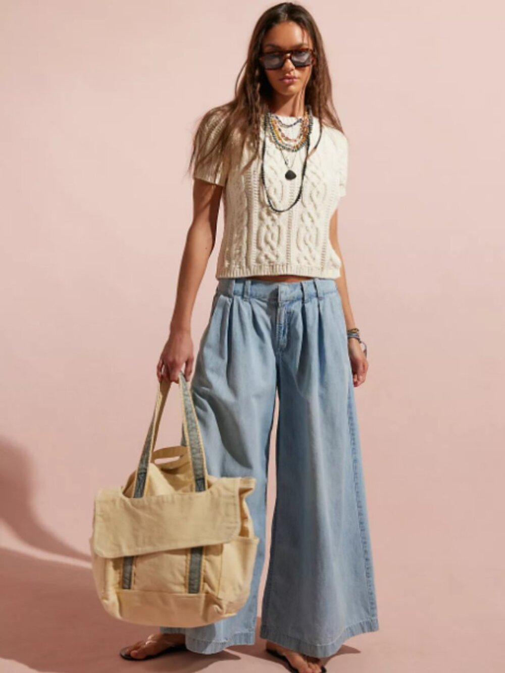 Free People Cordes Canvas Double Handles Tote Pockets Flap Stripe Natural - NEW